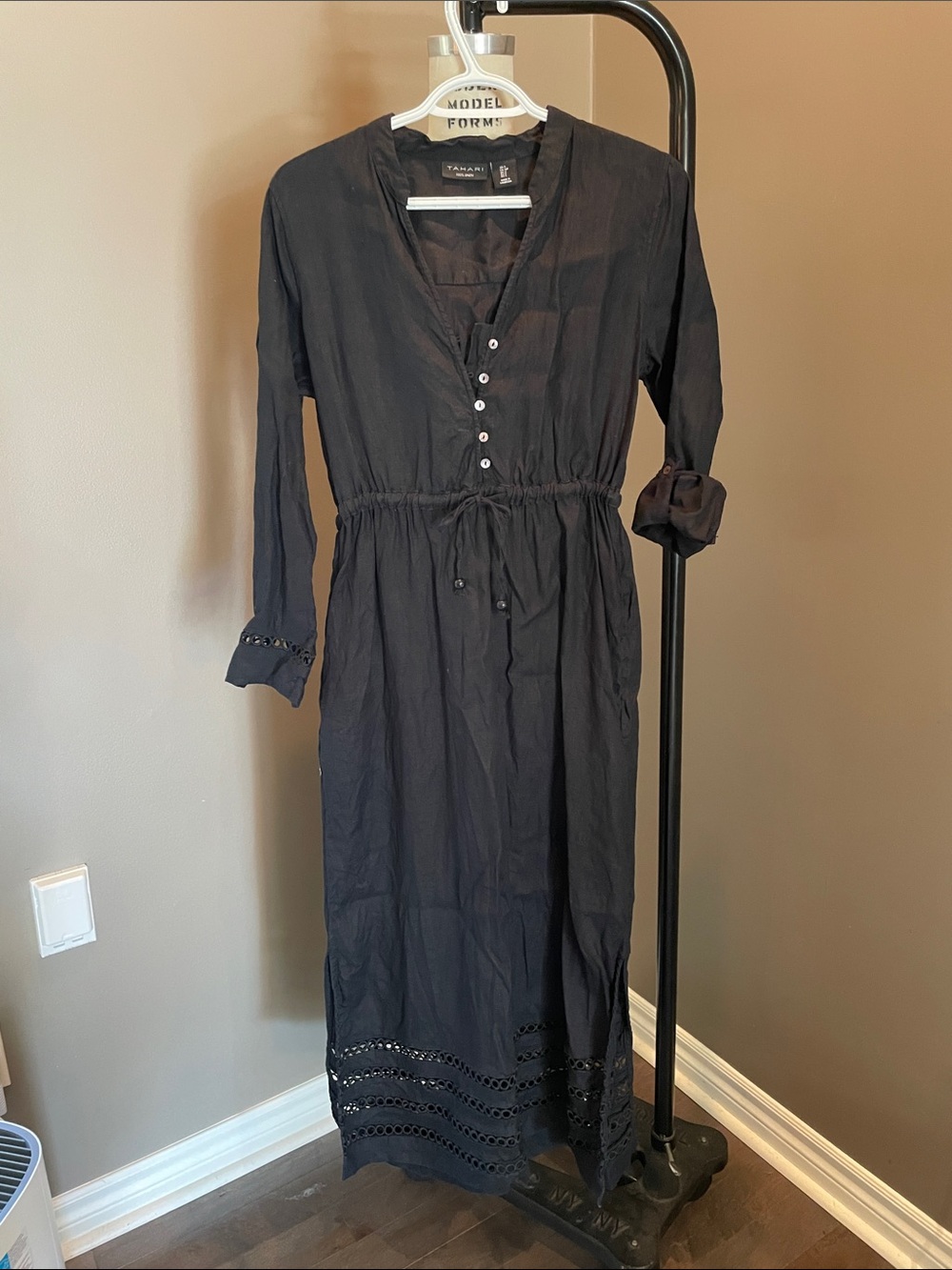 Tahari Black Long-Sleeve Drawstring Midi Dress